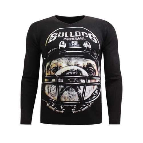 V-Neck 3D Rugby Dog Print Long Sleeve Sweater - Black M