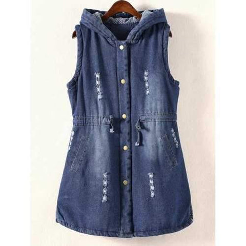 Frayed Drawstring Hooded Vest - Blue 3xl