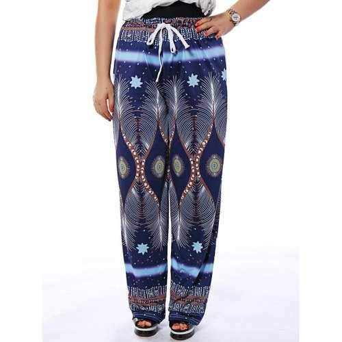 Drawstring Printed Flowy Loose Pants - Purplish Blue L