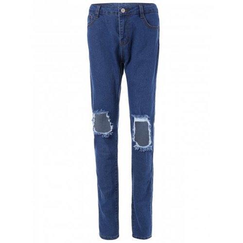 High-Waisted Broken Hole Jeans - Denim Blue L