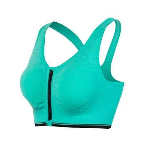 Genie Padded Racerback Zipper Front Running Sports Bra - Blue Green M