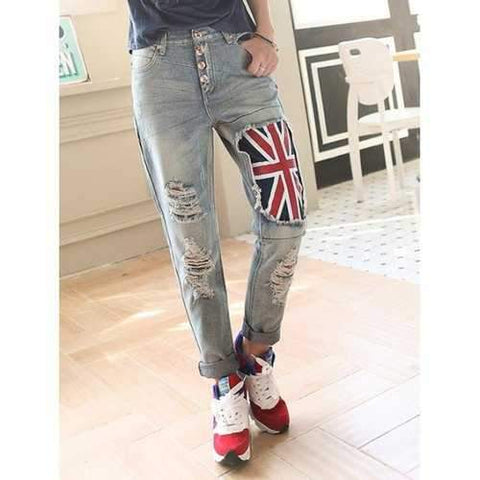 Broken Hole Flag Pattern Jeans - Blue Gray S