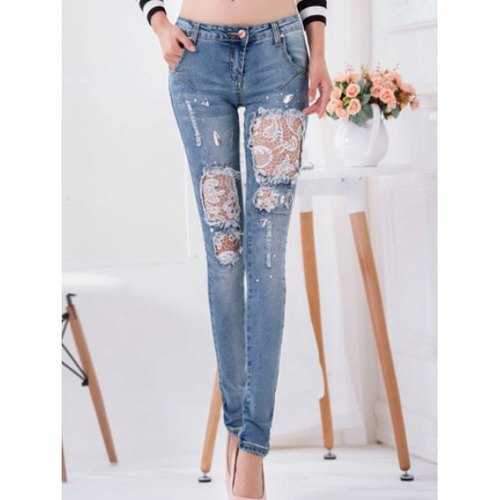 Lace Splicing Rhinestone Embellished Jeans - Denim Blue M