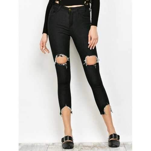 Slimming Ripped Narrow Feet Jeans - Black S