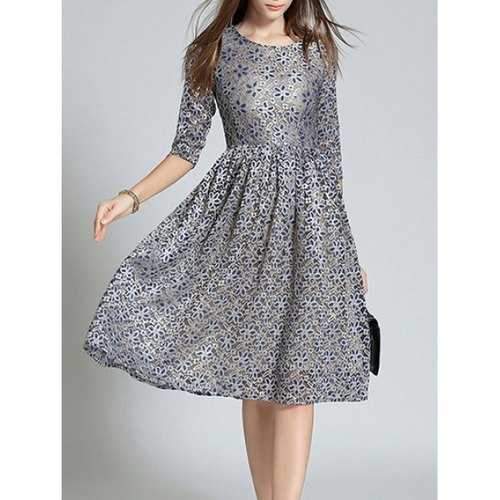 Fitting Jacquard Lace Dress - Blue L