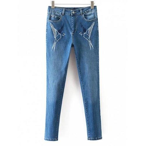 Skinny Embroidered Mid Rise Jeans - Denim Blue M