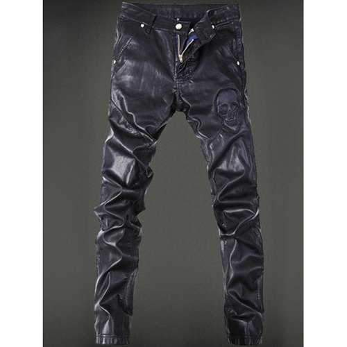 Skull Pattern Pocket Rivet Zippered Faux Leather Pants - Black 28