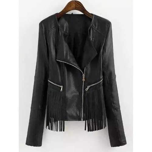 Fringed Faux Leather Biker Jacket - Black S