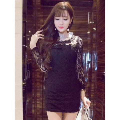 See-Through Beaded Lace Dress - Black M