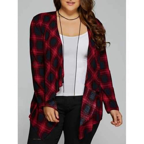 Plus Size Asymmetrical Plaid Cardigan - Checked Xl