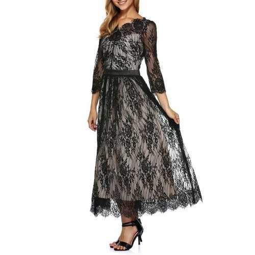 Scalloped Long Lace Evening Dress with Sleeves - Black S