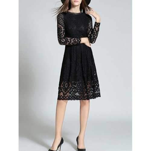 Long Sleeve Sheer Lace Dress - Black L