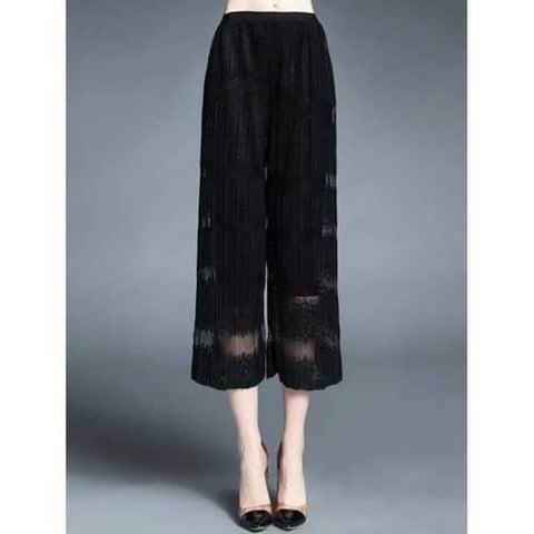 Elastic Waist Laciness Wide Leg Pants - Black L