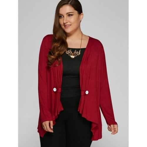 Plus Size Button Embellished Asymmetrical Cardigan - Burgundy Xl