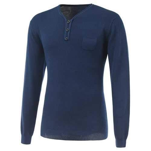 Breast Pocket V-Neck Buttoned Rib Cuff Knitwear - Sapphire Blue L