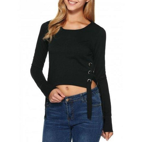 Long Sleeve Grommet Lace-Up Crop T-Shirt - Black M