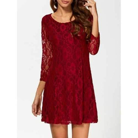 Scoop Neck Three Quarter Sleeve Lace Dress - Wine Red Xl