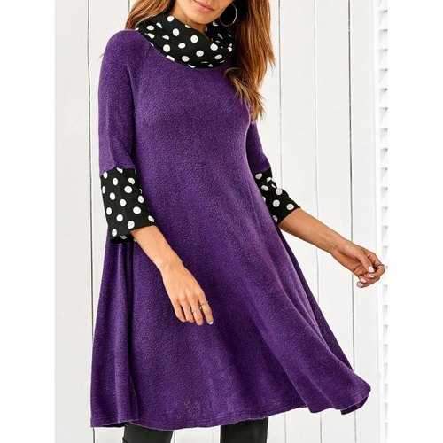 Polka Dot Patchwork A Line Smock Dress - Purple M