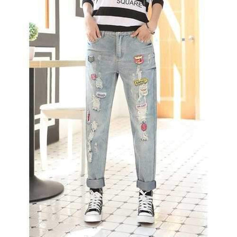 Applique Frayed Denim Pants - Light Blue Xl