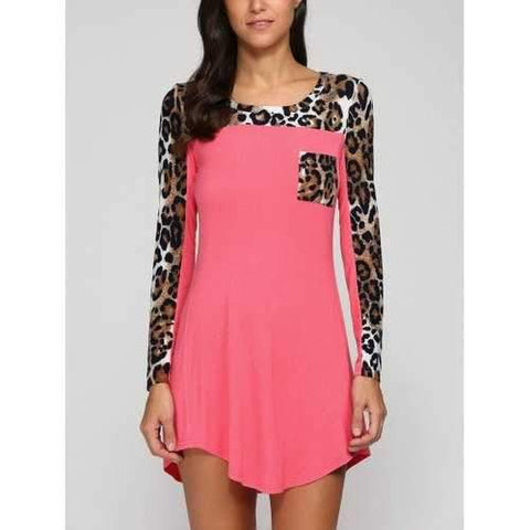 Long Sleeve Leopard Swing Mini T-Shirt Dress - Leopard L