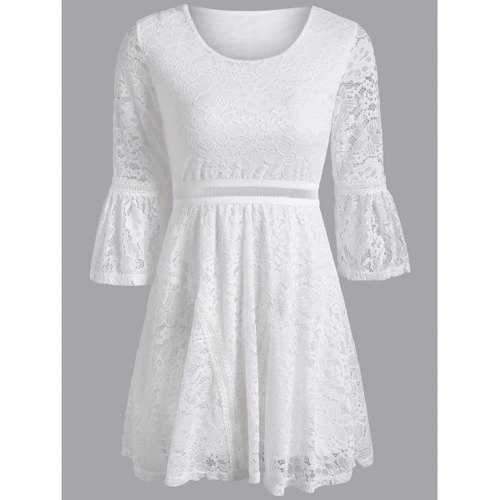 Bell Sleeve Openwork Lace Slimming Dress - White One Size