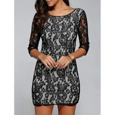 Short Lace Bodycon Cocktail Dress with Sleeves - Black M