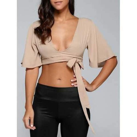 Plunging Neck String Fitted Crop Top - Khaki L