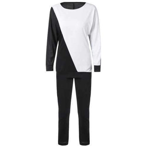 Long Sleeve Color Block Sweatshirt with Pants - White And Black L