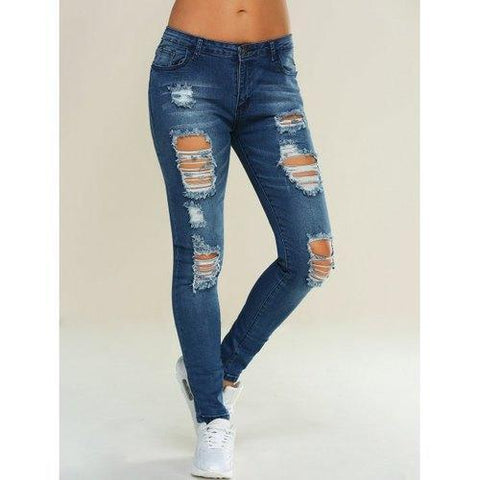 Skinny Ripped Pencil Jeans - Blue Xl