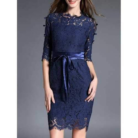 Laciness Bowknot Back Slit Dress - Deep Blue L