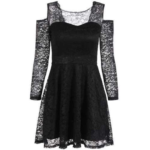 Cold Shoulder See Through Long Sleeve Lace Skater Mini Dress - Black One Size