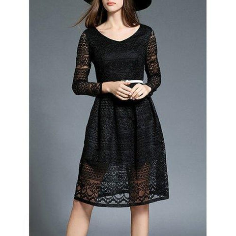 Cut Out Belted Lace Dress - Black S