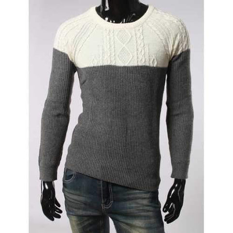 Geometric Jacquard Color Spliced Long Sleeves Sweater - Deep Gray Xl