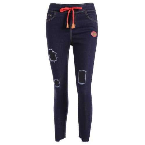 Ripped Drawstring Jeans - Deep Blue M