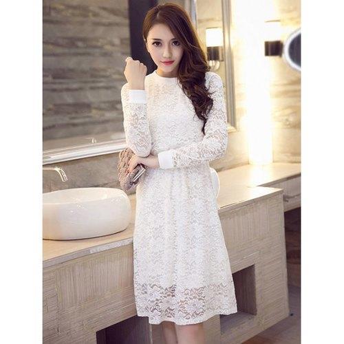 Long Sleeve Floral Lace Dress - White S