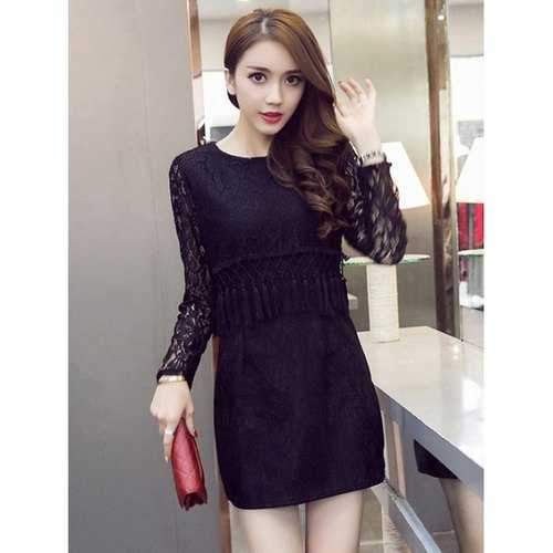 Tassel Waist Lace Dress - Black M