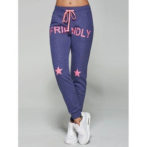 Drawstring Friendly Print Heathered Sporty Pants - Blue S