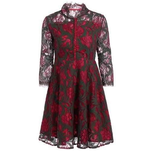 Long Sleeve See Through Lace Dress - Deep Red M