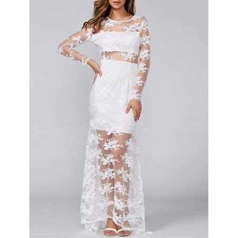 See-Through Lace Slimming Maxi Dress - White M