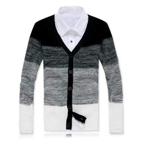 Button Up V-Neck Striped Cardigan - Black L