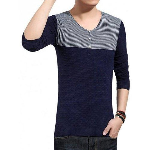 V-Neck Color Block Splicing Button Embellished Sweater - Cadetblue 2xl