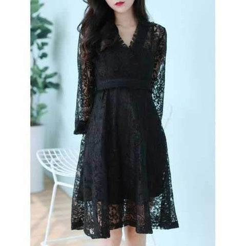 Long Sleeve Sheer Lace Surplice Dress - Black Xl