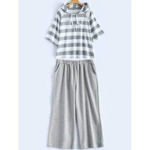 Plus Size Stripe Hoodie and Casual Pants Set - Gray 4xl