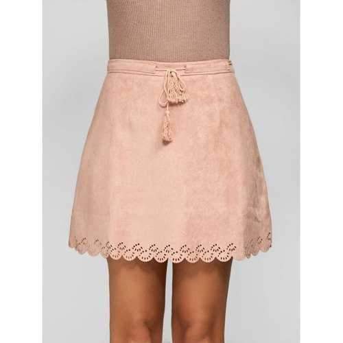 Scalloped Suede Drawstring Tassel Skirt - Pink M