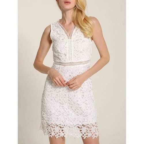 Cut Out V Neck Lace A-Line Summer Wedding Dress - White S