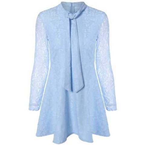 Lace Bow Tie Collar A-Line Dress - Light Blue M