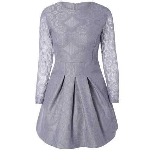 Embroidered Long Sleeve Lace A-Line Dress - Light Gray S