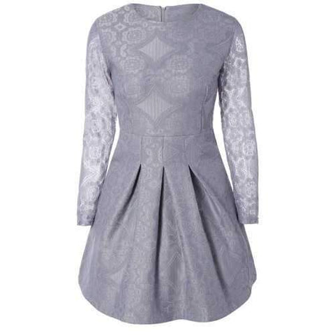 Embroidered Long Sleeve Lace A-Line Dress - Light Gray S