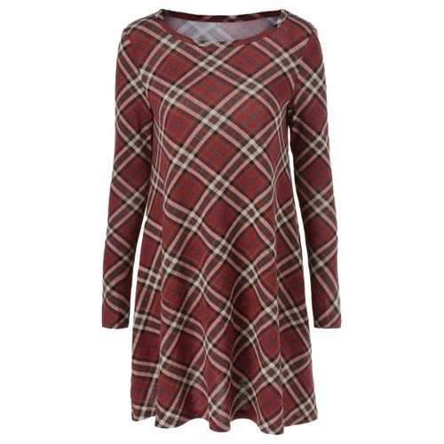 Long Sleeve Plaid Tunic Mini Dress - Checked M