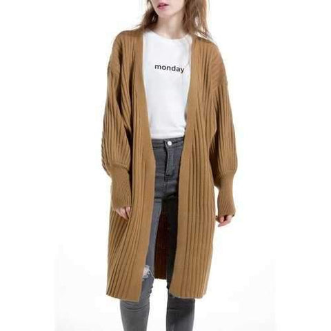 Long Open Front Knit Cardigan - Camel One Size